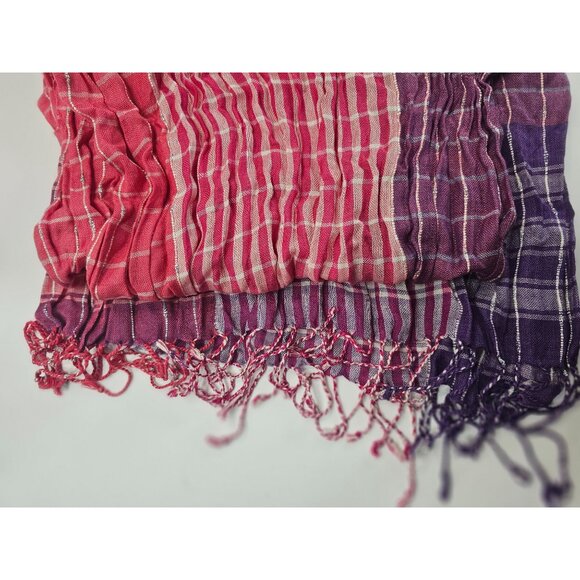 Handwoven Gradient Checkered Scarf With Fringe Pink Purple Lightweight 15x68" - Picture 2 of 6